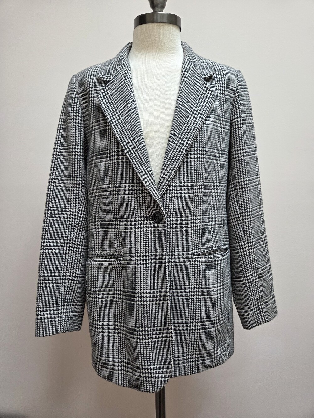 Vintage Tower Hill Black And White Glen Plaid Single Button Long Blazer, Size 6